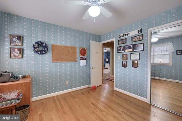 3902 Reiff Pl, Reading, PA 19606 - interior space with baseboards, wallpapered walls, wood finished floors, and ceiling fan