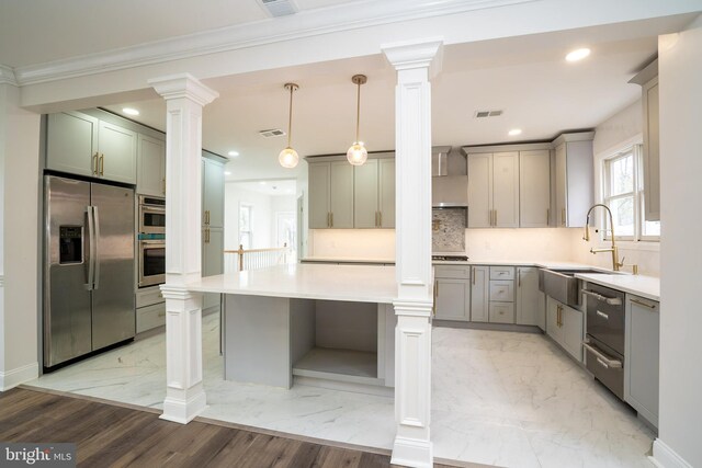 201 Morrison Ave, Hightstown, NJ 08520 - kitchen with decorative columns, gray cabinetry, stainless steel appliances, marble finish floor, and visible vents