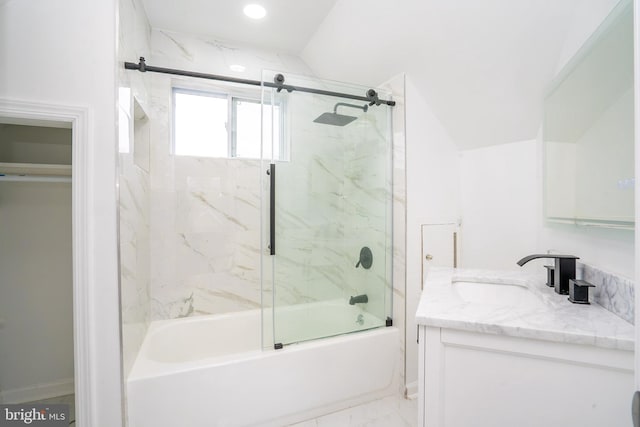 201 Morrison Ave, Hightstown, NJ 08520 - bathroom with vanity, lofted ceiling, bath / shower combo with glass door, marble finish floor, and recessed lighting