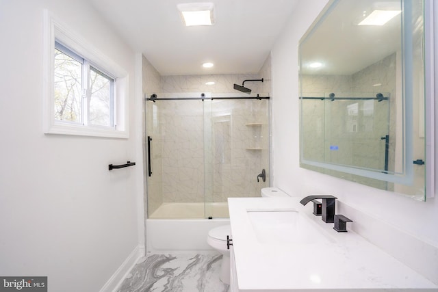 201 Morrison Ave, Hightstown, NJ 08520 - bathroom with vanity, toilet, baseboards, marble finish floor, and combined bath / shower with glass door