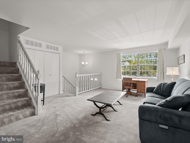 30 Drawbridge Ct, Baltimore, MD 21228 - carpeted living area with an inviting chandelier and visible vents