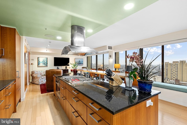 2001 Hamilton St Unit 1914, Philadelphia, PA 19130 - kitchen featuring island range hood, modern cabinets, appliances with stainless steel finishes, light wood-style floors, and open floor plan
