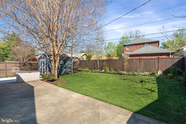 view of yard with a storage unit, a fenced backyard, a patio area, and an outdoor structure