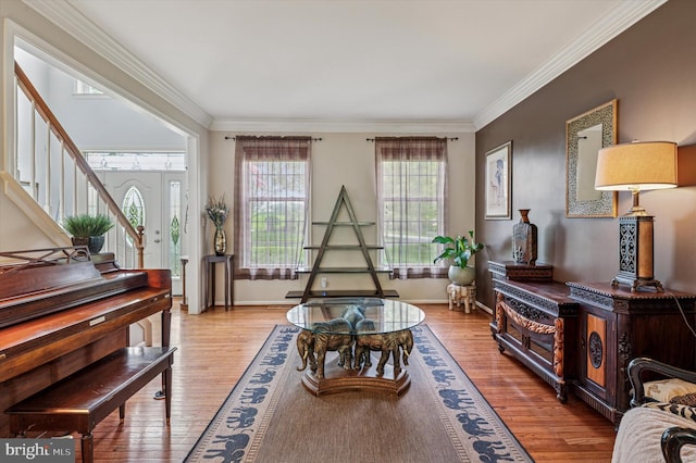 100 Fernwood Dr, Avondale, PA 19311 - sitting room featuring crown molding, baseboards, stairs, and wood finished floors
