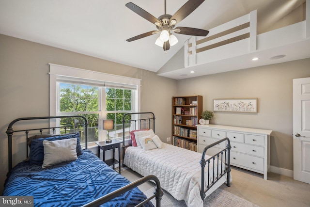 bedroom featuring light colored carpet, high vaulted ceiling, a ceiling fan, baseboards, and recessed lighting