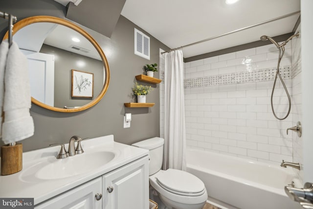 full bath featuring toilet, visible vents, shower / bath combination with curtain, and vanity