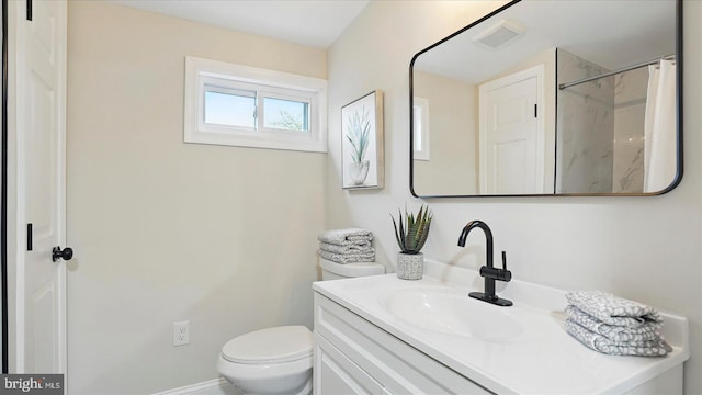 2910 Salisbury Ave, Baltimore, MD 21219 - bathroom featuring visible vents, baseboards, curtained shower, toilet, and vanity