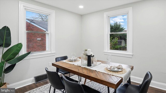2910 Salisbury Ave, Baltimore, MD 21219 - dining room with dark wood-style flooring, baseboards, recessed lighting, and plenty of natural light