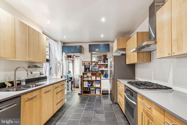 225 Buckingham Pl, Philadelphia, PA 19104 - kitchen featuring a sink, light countertops, light brown cabinets, stainless steel appliances, and wall chimney exhaust hood