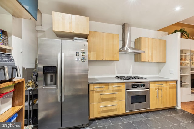 225 Buckingham Pl, Philadelphia, PA 19104 - kitchen with wall chimney range hood, light brown cabinetry, and appliances with stainless steel finishes