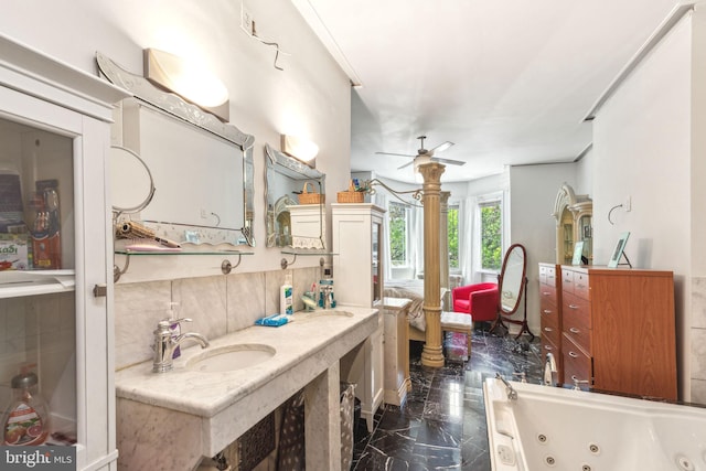 225 Buckingham Pl, Philadelphia, PA 19104 - full bath with ceiling fan, backsplash, a sink, a whirlpool tub, and marble finish floor