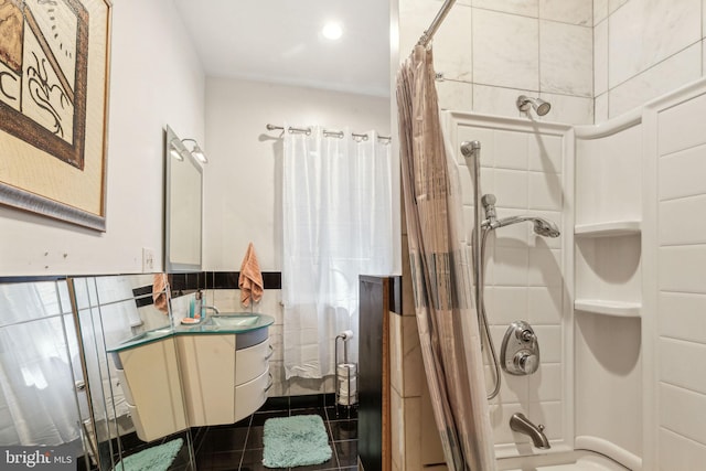 225 Buckingham Pl, Philadelphia, PA 19104 - full bathroom with tile walls, tile patterned floors, a wainscoted wall, vanity, and shower / bathtub combination with curtain