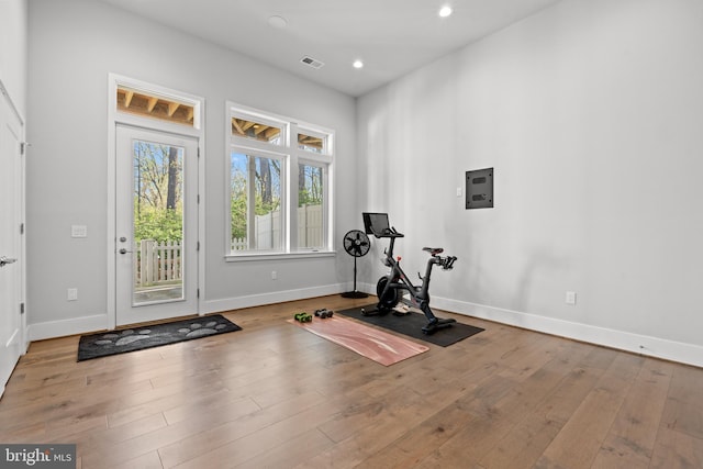 3717 Glenmoor Reserve Ln, Chevy Chase, MD 20815 - workout room with visible vents, baseboards, recessed lighting, and wood finished floors