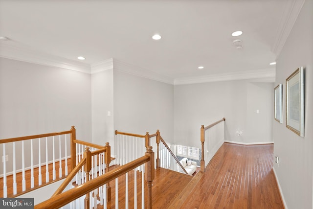 43005 Running Ridge Way, Leesburg, VA 20176 - corridor featuring an upstairs landing, ornamental molding, wood-type flooring, recessed lighting, and baseboards