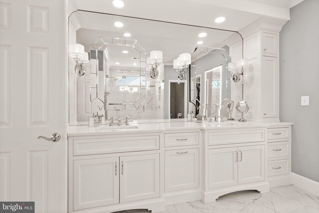 43005 Running Ridge Way, Leesburg, VA 20176 - bathroom with walk in shower, double vanity, recessed lighting, marble finish flooring, and healthy amount of natural light