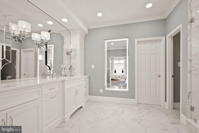 43005 Running Ridge Way, Leesburg, VA 20176 - full bath featuring ornamental molding, double vanity, recessed lighting, a marble finish shower, and baseboards