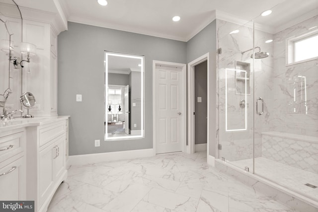 43005 Running Ridge Way, Leesburg, VA 20176 - bathroom featuring crown molding, vanity, a marble finish shower, baseboards, and recessed lighting