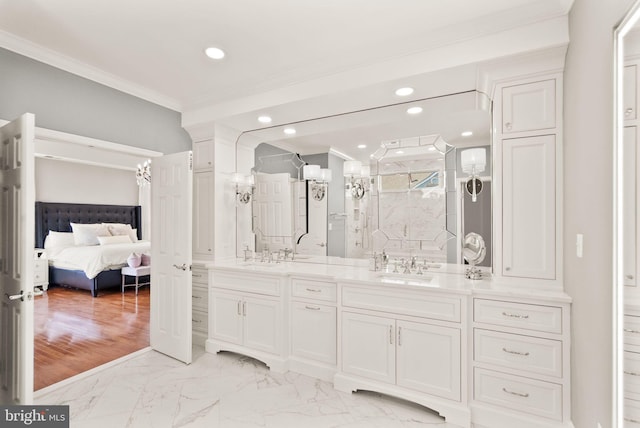 43005 Running Ridge Way, Leesburg, VA 20176 - ensuite bathroom featuring ornamental molding, double vanity, marble finish floors, a marble finish shower, and recessed lighting
