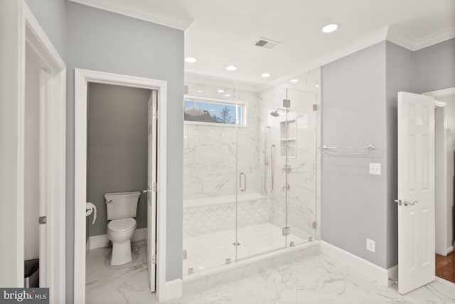 43005 Running Ridge Way, Leesburg, VA 20176 - bathroom featuring marble finish floors, baseboards, ornamental molding, toilet, and a marble finish shower