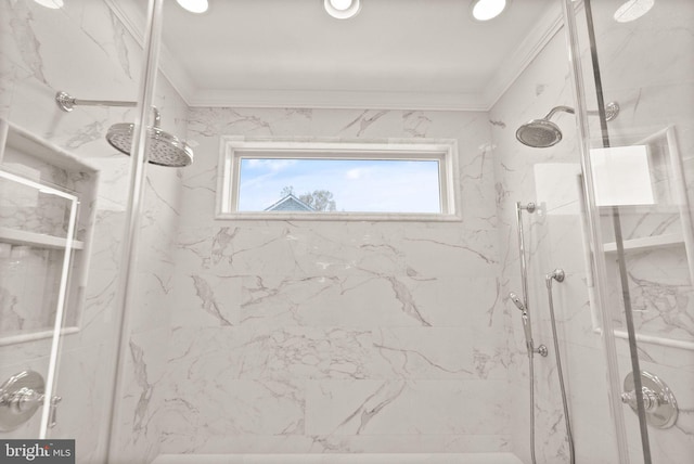 43005 Running Ridge Way, Leesburg, VA 20176 - bathroom featuring crown molding, a marble finish shower, and recessed lighting