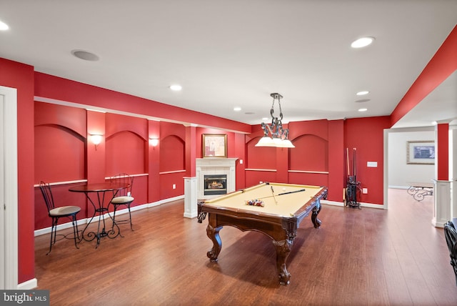 43005 Running Ridge Way, Leesburg, VA 20176 - recreation room featuring wood finished floors, a warm lit fireplace, billiards table, decorative columns, and recessed lighting
