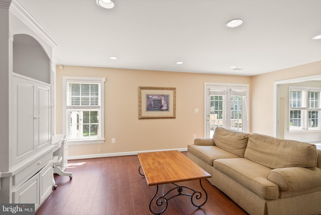 43005 Running Ridge Way, Leesburg, VA 20176 - living area featuring healthy amount of natural light, dark wood finished floors, baseboards, and recessed lighting