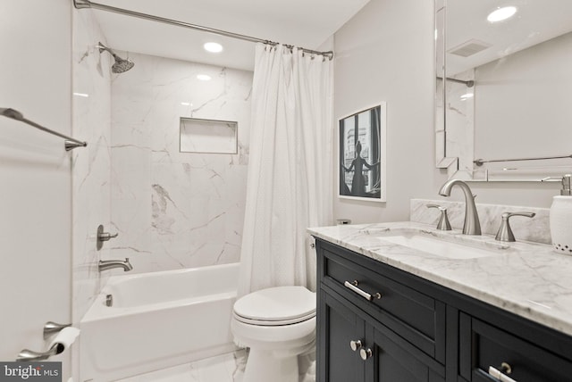 43005 Running Ridge Way, Leesburg, VA 20176 - full bath featuring marble look tile flooring, vanity, shower / tub combo with curtain, toilet, and recessed lighting