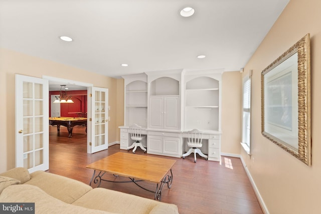 43005 Running Ridge Way, Leesburg, VA 20176 - living room with wood finished floors, french doors, baseboards, recessed lighting, and billiards
