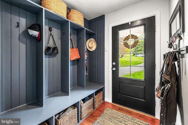 mudroom with wood finished floors