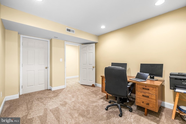 carpeted office featuring recessed lighting, visible vents, and baseboards