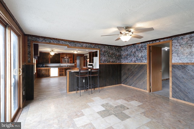 2447 General Potter Hwy, Centre Hall, PA 16828 - kitchen with wainscoting, white dishwasher, a textured ceiling, and ceiling fan