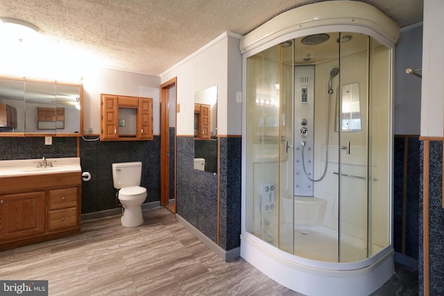 2447 General Potter Hwy, Centre Hall, PA 16828 - bathroom with a wainscoted wall, a textured ceiling, a shower stall, toilet, and vanity