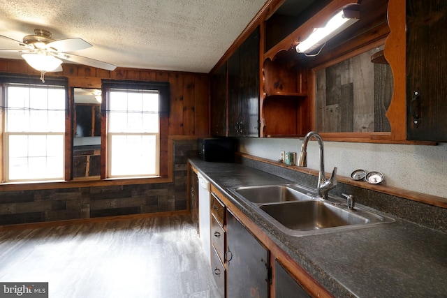 2447 General Potter Hwy, Centre Hall, PA 16828 - kitchen with a textured ceiling, a sink, dark countertops, and wood walls