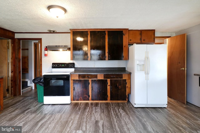 2447 General Potter Hwy, Centre Hall, PA 16828 - kitchen with under cabinet range hood, range with electric cooktop, dark wood-style flooring, and white fridge with ice dispenser