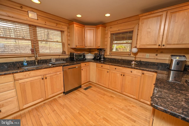1419 Sandy Shores Rd, Mc Henry, MD 21541 - kitchen with light brown cabinetry, stainless steel dishwasher, light wood-type flooring, visible vents, and recessed lighting