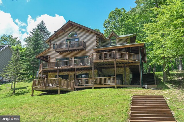 1419 Sandy Shores Rd, Mc Henry, MD 21541 - rear view of house featuring a wooden deck, log siding, stone siding, and a yard