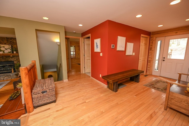 1419 Sandy Shores Rd, Mc Henry, MD 21541 - entrance foyer featuring light wood-style flooring, baseboards, a fireplace, and recessed lighting