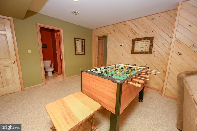 1419 Sandy Shores Rd, Mc Henry, MD 21541 - playroom featuring baseboards, wooden walls, light colored carpet, and visible vents