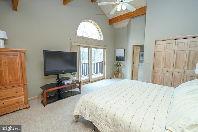 1419 Sandy Shores Rd, Mc Henry, MD 21541 - carpeted bedroom with high vaulted ceiling, beam ceiling, access to exterior, and baseboards