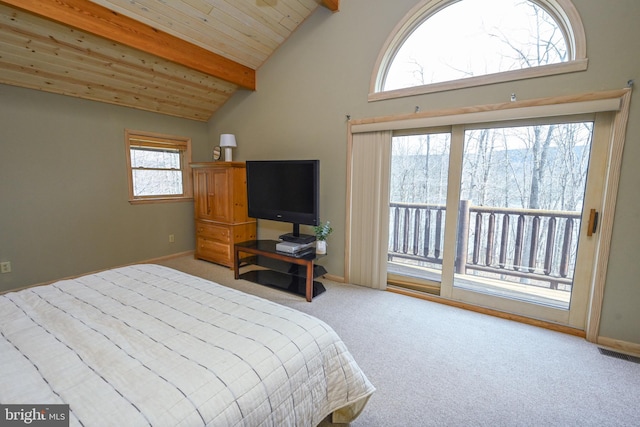 1419 Sandy Shores Rd, Mc Henry, MD 21541 - carpeted bedroom featuring wooden ceiling, baseboards, access to outside, beam ceiling, and visible vents