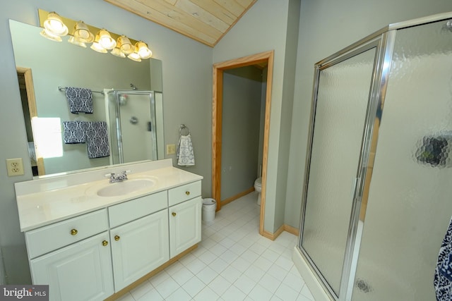 1419 Sandy Shores Rd, Mc Henry, MD 21541 - full bathroom featuring a shower stall, toilet, tile patterned floors, vanity, and vaulted ceiling