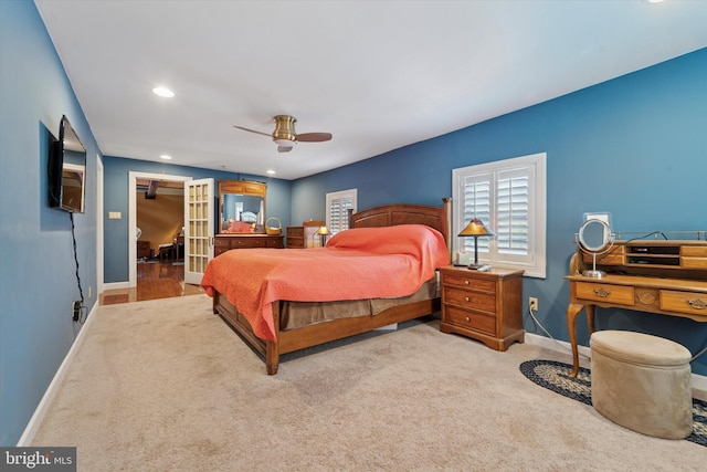 bedroom with recessed lighting, baseboards, ceiling fan, and carpet
