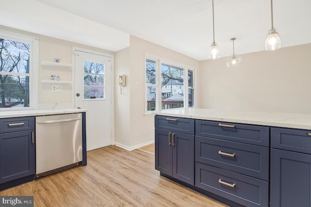 kitchen with light wood-type flooring, open shelves, dishwasher, decorative light fixtures, and baseboards