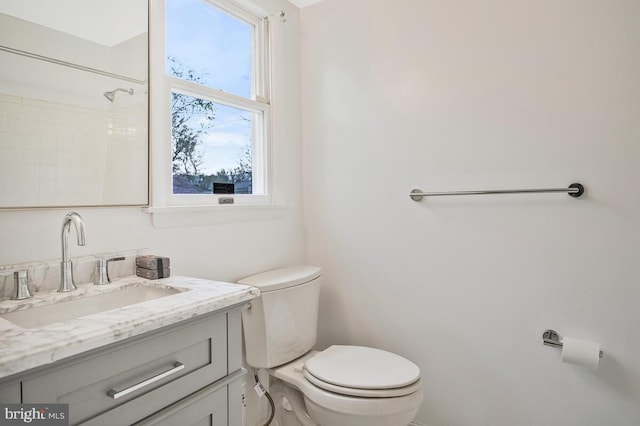 full bathroom with toilet, a shower, and vanity