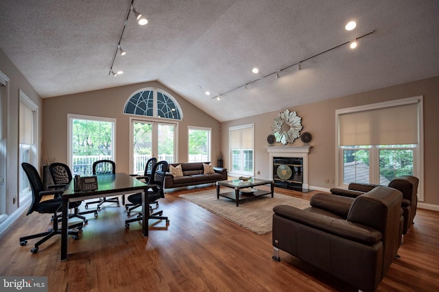 1524 Lincoln Way Unit 409, Mclean, VA 22102 - living room with rail lighting, wood finished floors, vaulted ceiling, healthy amount of natural light, and a textured ceiling