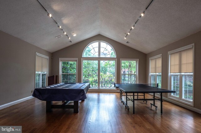 1524 Lincoln Way Unit 409, Mclean, VA 22102 - rec room with a textured ceiling, healthy amount of natural light, billiards table, wood finished floors, and lofted ceiling