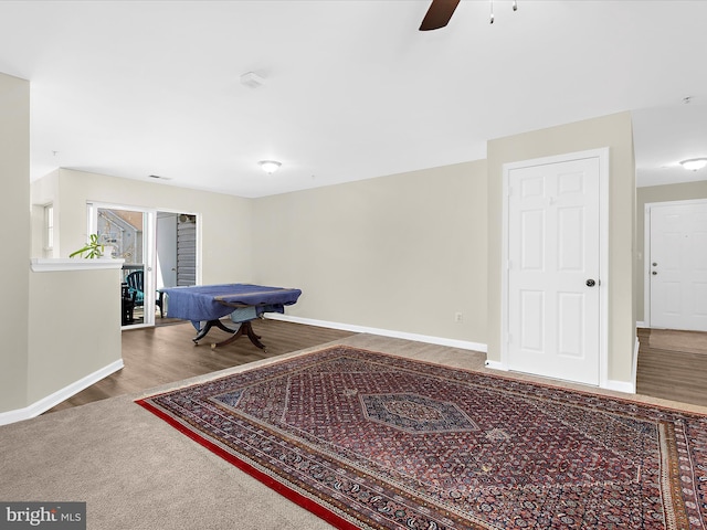 game room with wood finished floors, ceiling fan, pool table, and baseboards