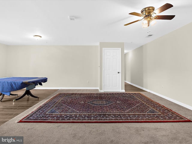 recreation room with visible vents, baseboards, a ceiling fan, wood finished floors, and pool table