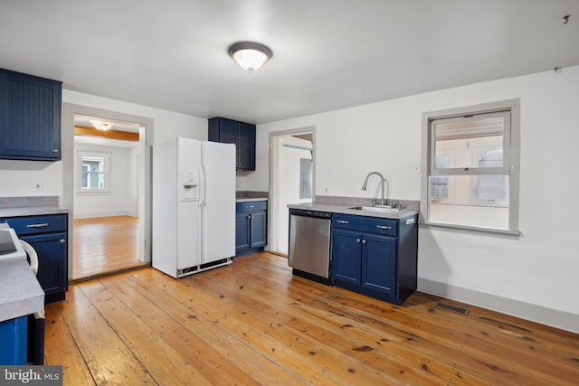 306 W Chapline St, Sharpsburg, MD 21782 - kitchen with white fridge with ice dispenser, blue cabinets, dishwasher, light wood-style flooring, and light countertops