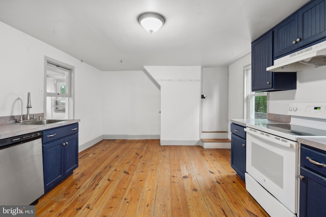 306 W Chapline St, Sharpsburg, MD 21782 - kitchen featuring white electric range, stainless steel dishwasher, blue cabinetry, and under cabinet range hood